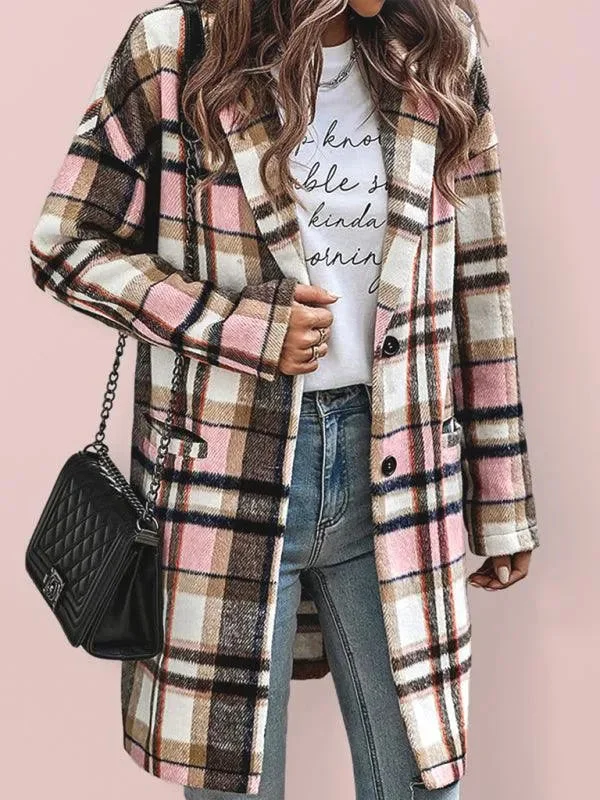 Winter Women Lapel Plaid Wool Overcoat