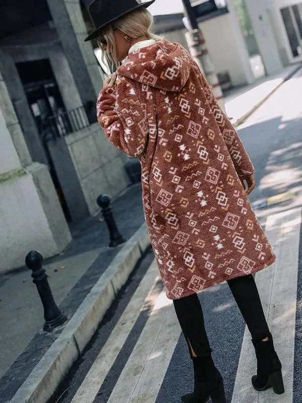 Printed Hooded Women Trench Coat