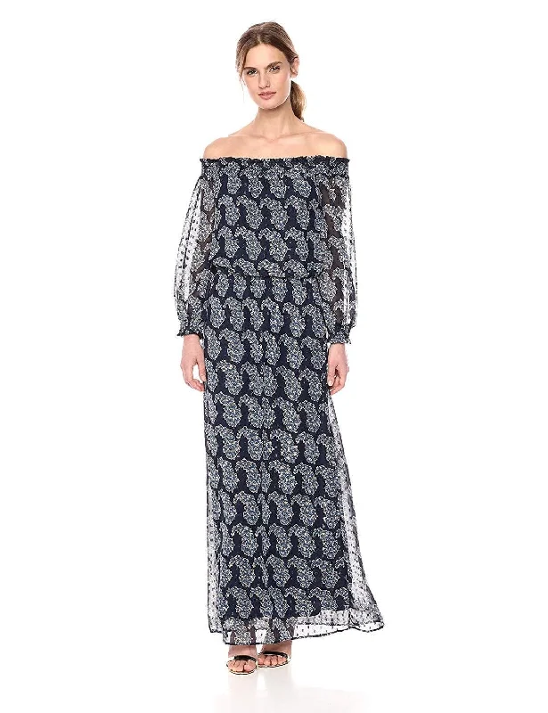 Taylor - 9604M Off Shoulder Printed Chiffon Maxi Dress