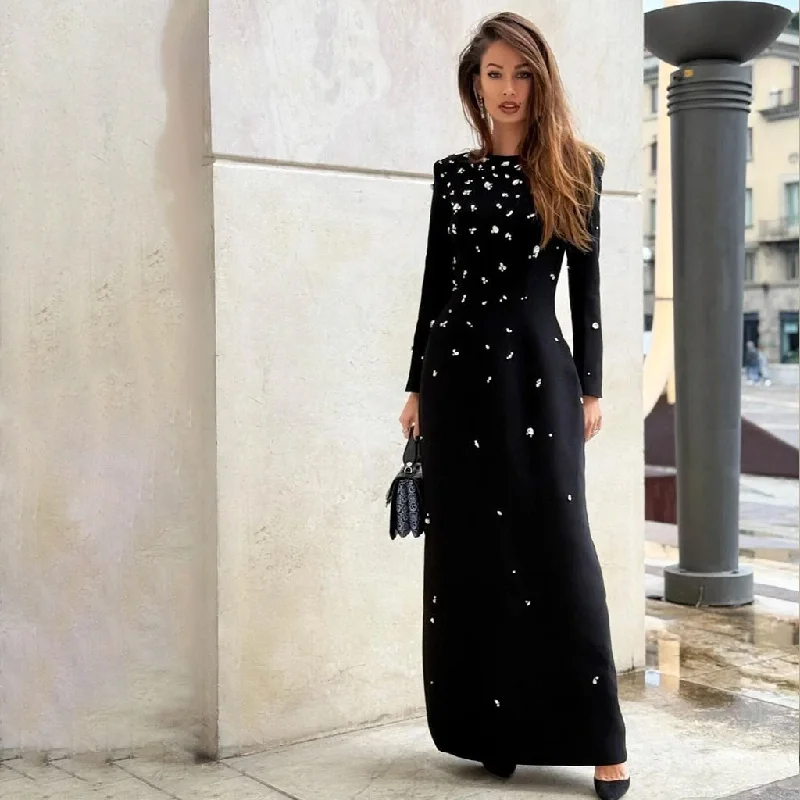 Sparkly Crystal Crew Neck Shoulder Pad Long Sleeve Crepe Maxi Evening Dress