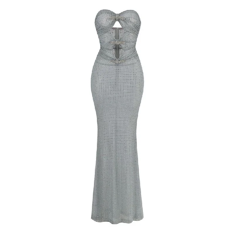 Sparkly Crystal Bow Cutout Ruched Strapless Sheer Mesh Fishtail Maxi Dress