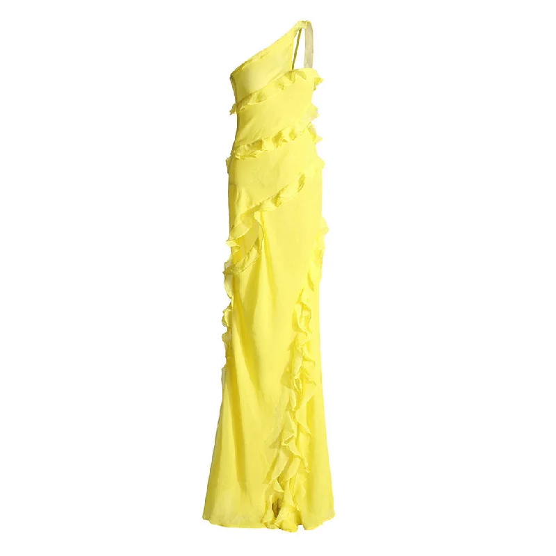 Luxe One Shoulder Split Cutout Layered Ruffled Chiffon Evening Maxi Dress