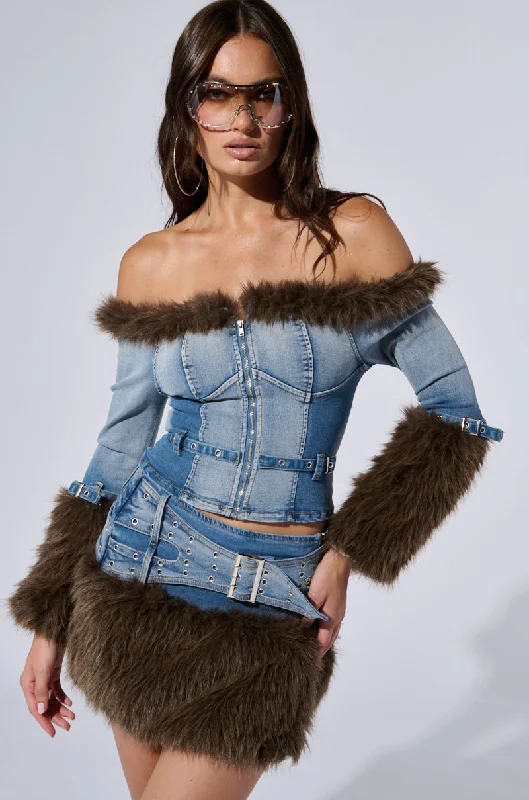 FRANCESCA FUR TRIM OFF SHOULDER DENIM TOP