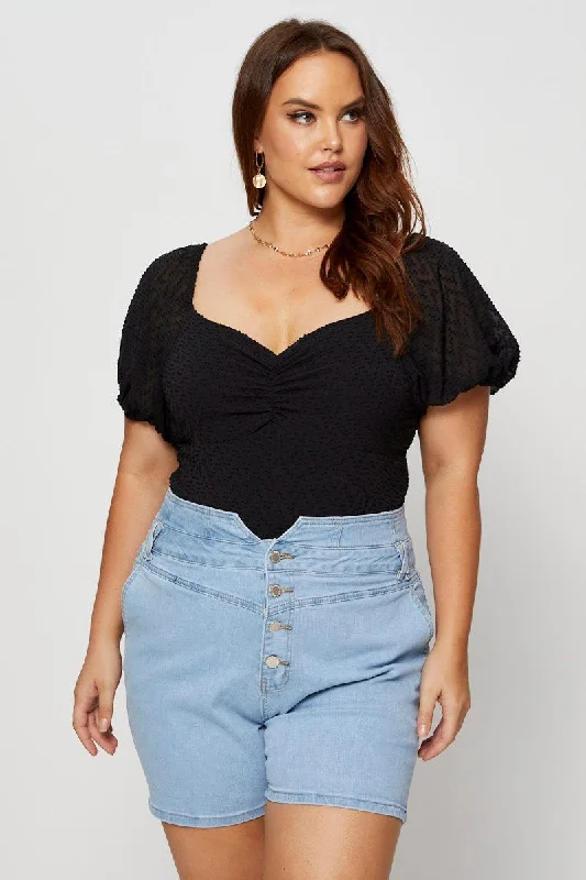 Black Ruched Bodysuit Short Sleeve Dobby Chiffon