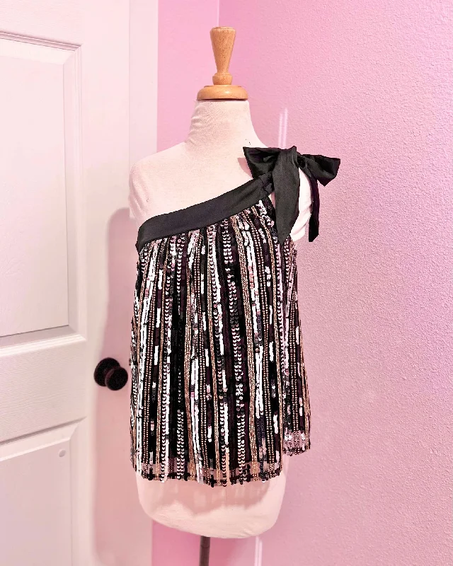 Black Sequin One Shoulder Tie Detail Top