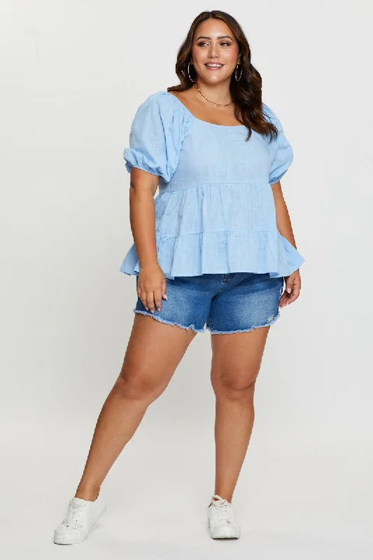 Blue Tiered Top Short Sleeve Linen Blend