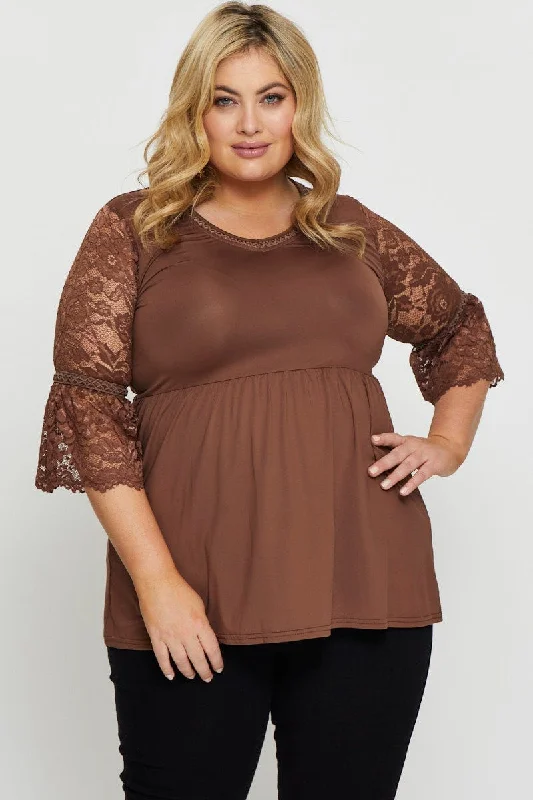 Brown Hem Top Lace V-neck Three-Quarter Sleeve Gathered