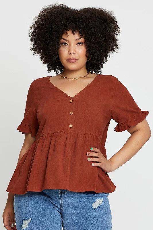 Brown Short Sleeve Button Front Peplum Top