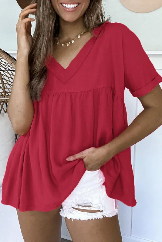 Fiery Red Frayed V Neck Ruffled Babydoll Blouse