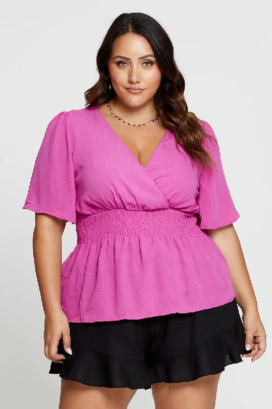 Pink Top Short Sleeve Wrap Front Shirred Waist