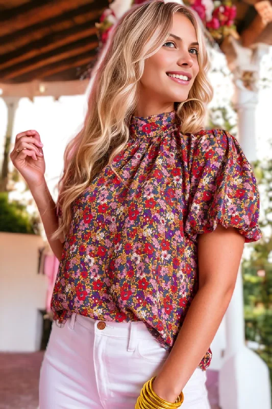 Print Knotted High Neck Puff Sleeve Blouse