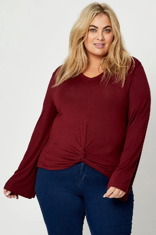 Red Jersey Top Bell Sleeve Twist Front V-neck