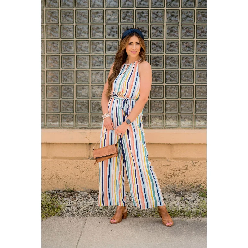 Multi Colored Striped Tie Halter Jumpsuit