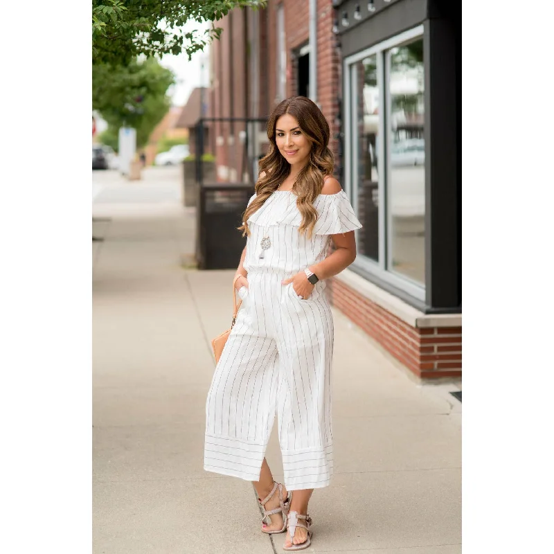 Off Shoulder Vertical Striped Jumpsuit