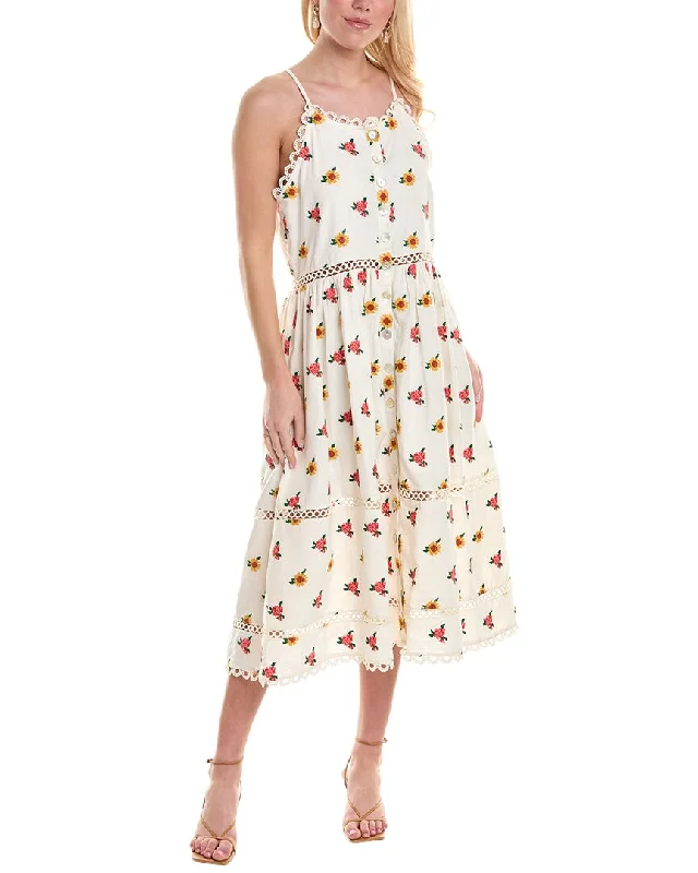 FARM Rio Embroidered Linen-Blend Midi Dress