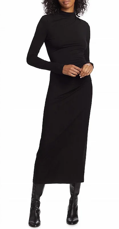 Long Sleeve Turtle Neck Ruched Midi Dress In Black