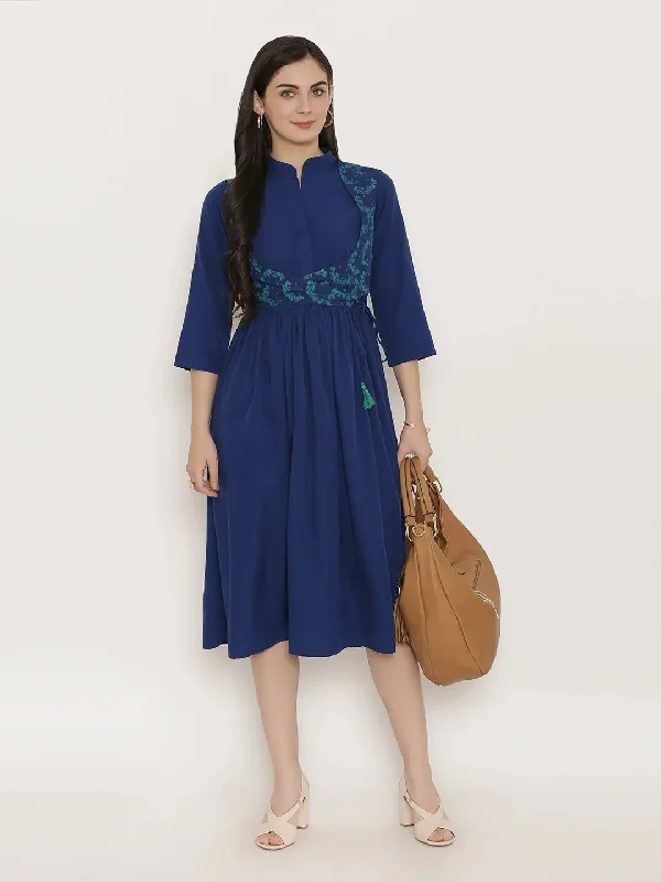 Midi dress with printed mock waistcoat in Midnight Blue