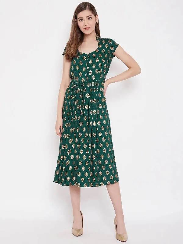 Midi Flare Dress with front loops in Bottle Green