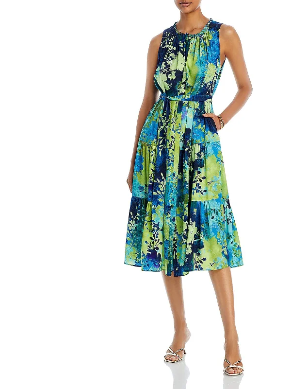 Nancy Womens Floral Print Midi Fit & Flare Dress