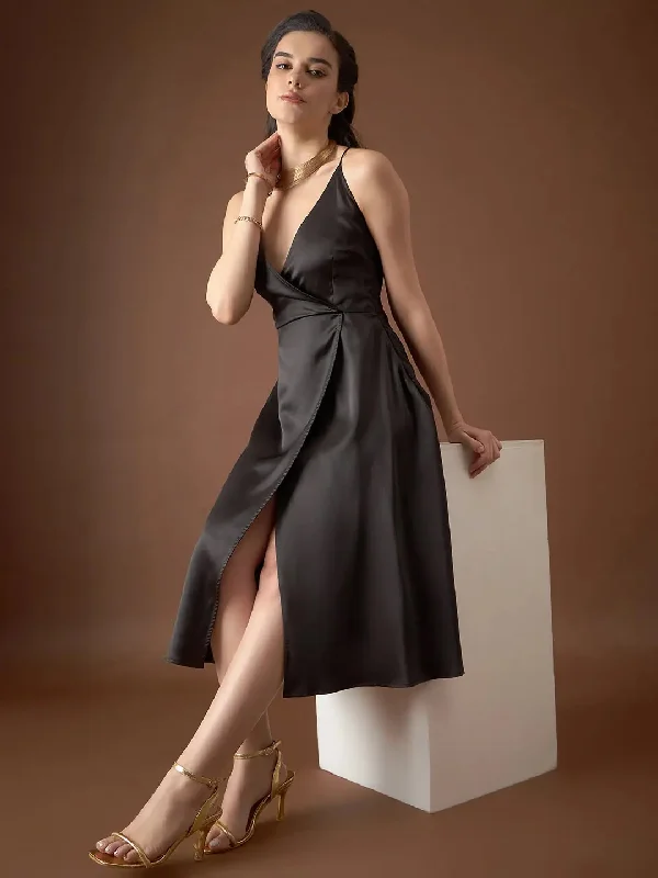 Overlap neck Flared midi Dress in Black Color