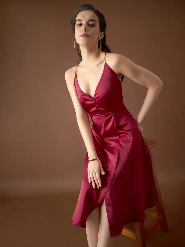 Overlap neck Flared midi Dress in Maroon Color