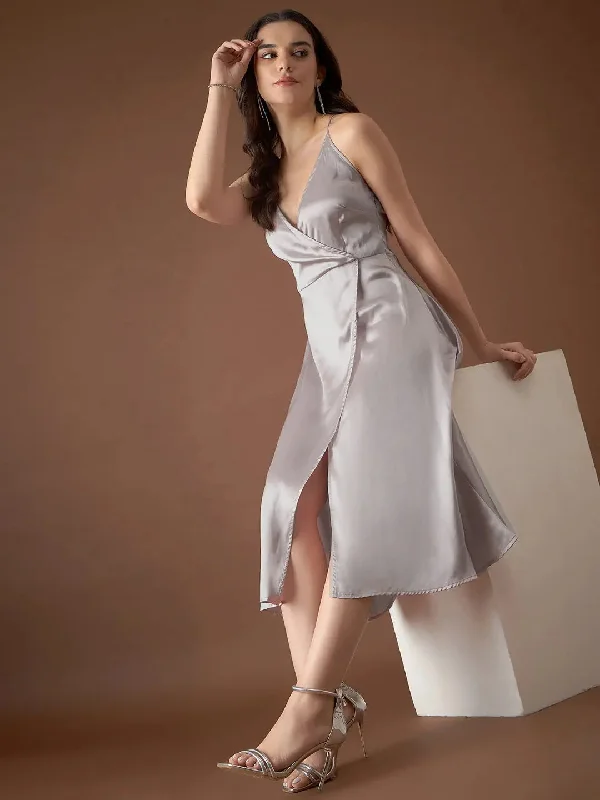 Overlap neck Flared midi Dress in Silver Color