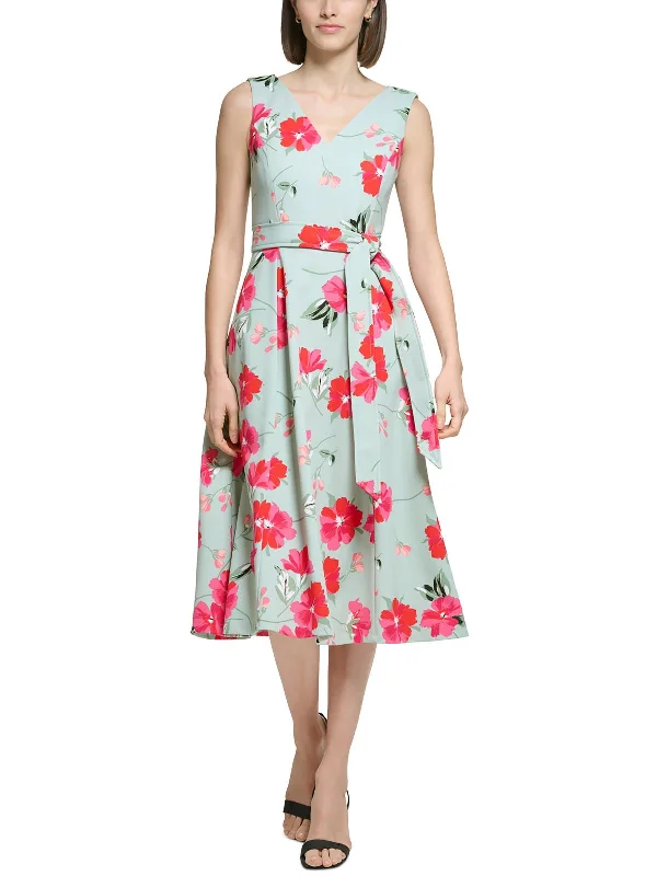 Petites Womens Floral Midi Fit & Flare Dress