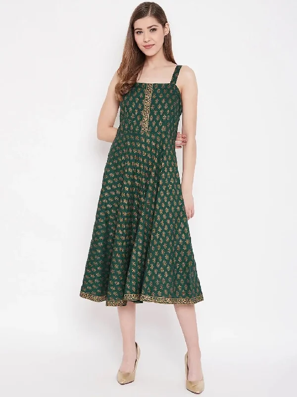 Shoulder strap flared midi dress in Bottle Green