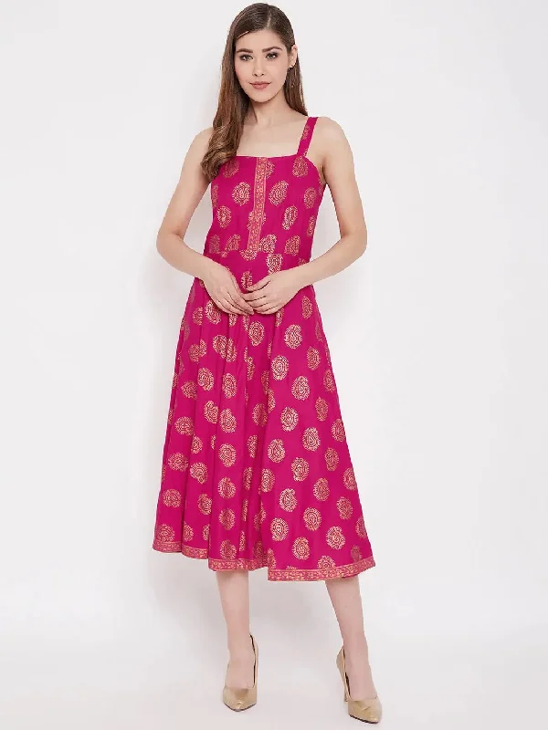 Shoulder strap flared midi dress in Pink