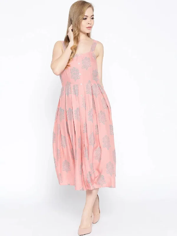 Strappy Box pleate Midi dress with front buttons in Dusty Pink