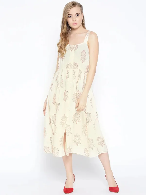 Strappy Box pleate Midi dress with front buttons in Off white