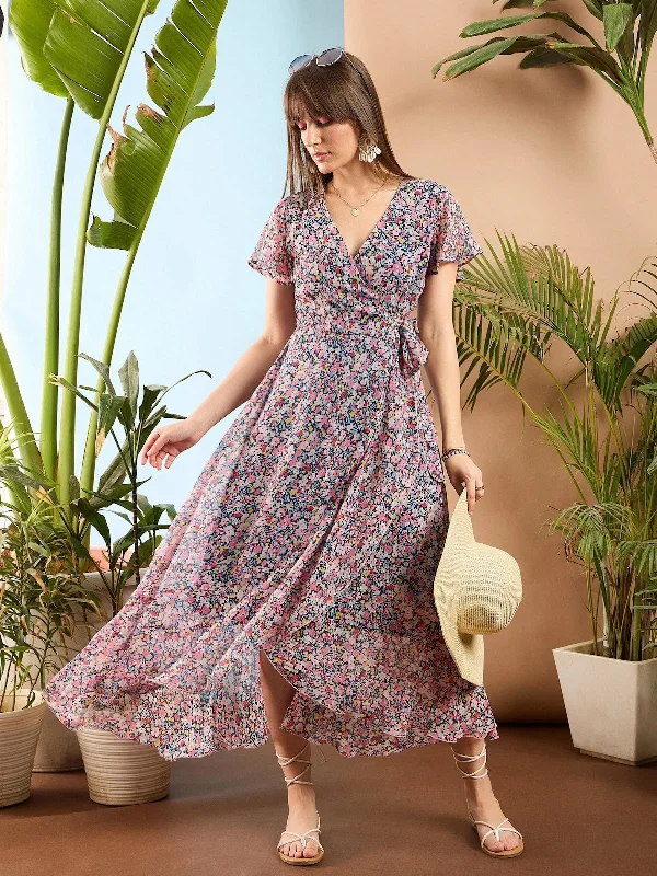 Women Navy Ditsy Floral Ruffle Detail Wrap Midi Dress