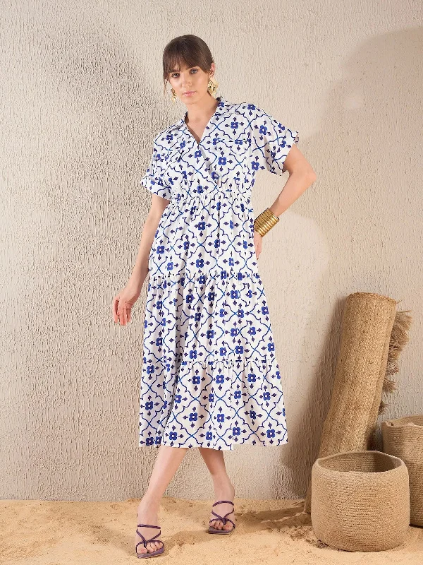 Women Navy Ethnic Print Collar Tiered Midi Dress