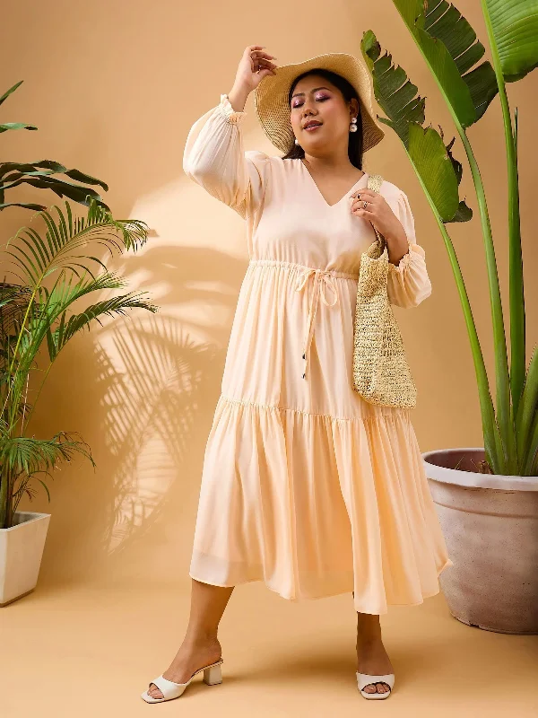 Women Peach Solid Front Dori Tiered Midi Dress