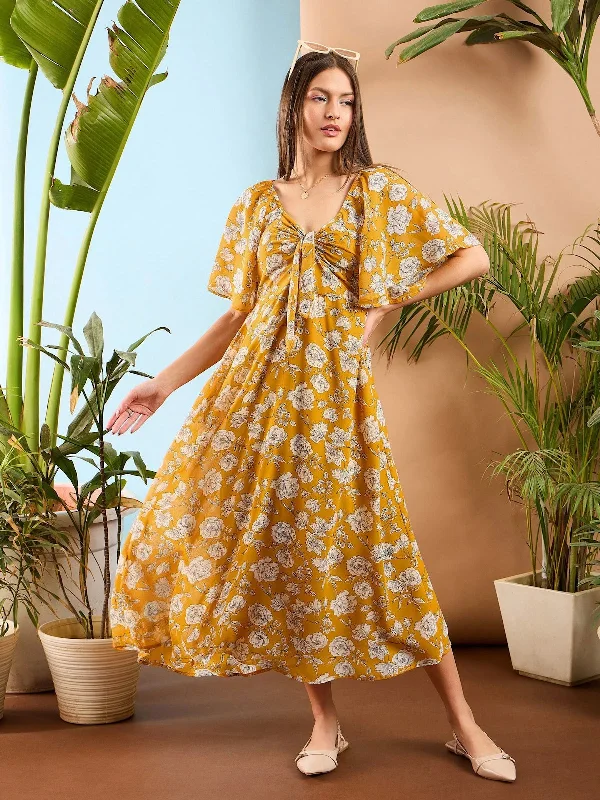 Women Yellow Floral Front Tie Midi Dress