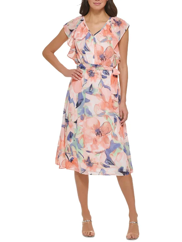 Womens Floral Print V Neck Midi Dress