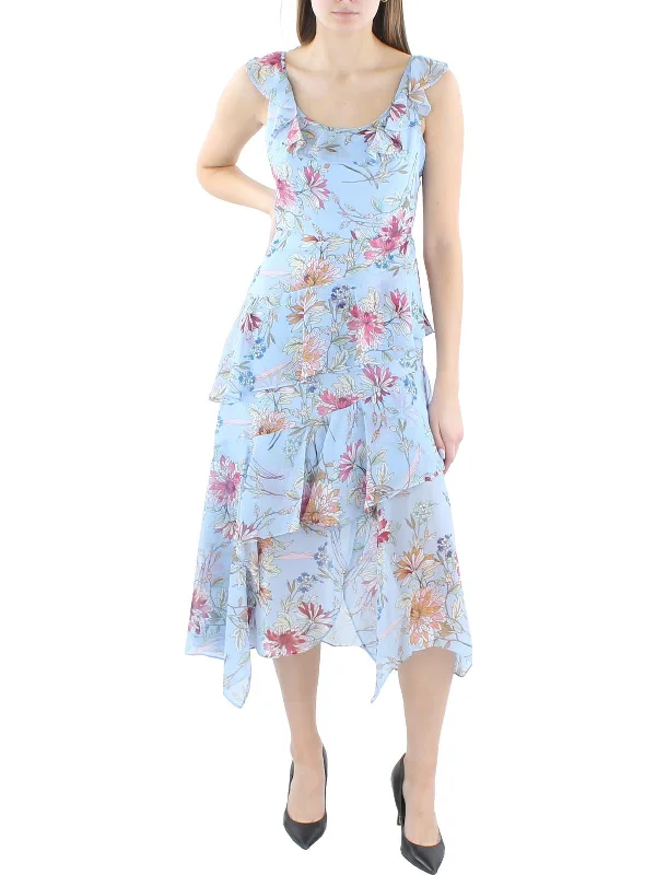 Womens Floral Tiered Midi Dress