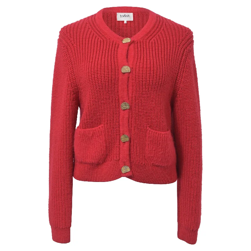 Ba&Sh Knitted Purrl Button-Front Cardigan in Red Wool