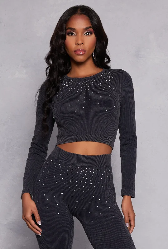 Seamless Rhinestone Ribbed Knit Crop Top