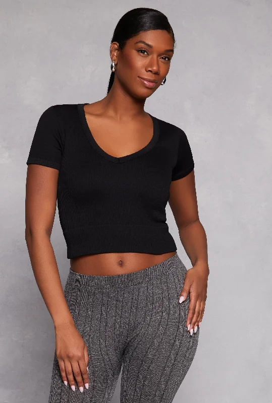 Seamless Ribbed Knit V Neck Crop Top