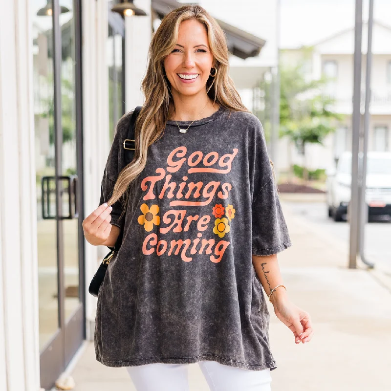 Good Things Are Coming Acid Wash Boyfriend Tee, Ash Black