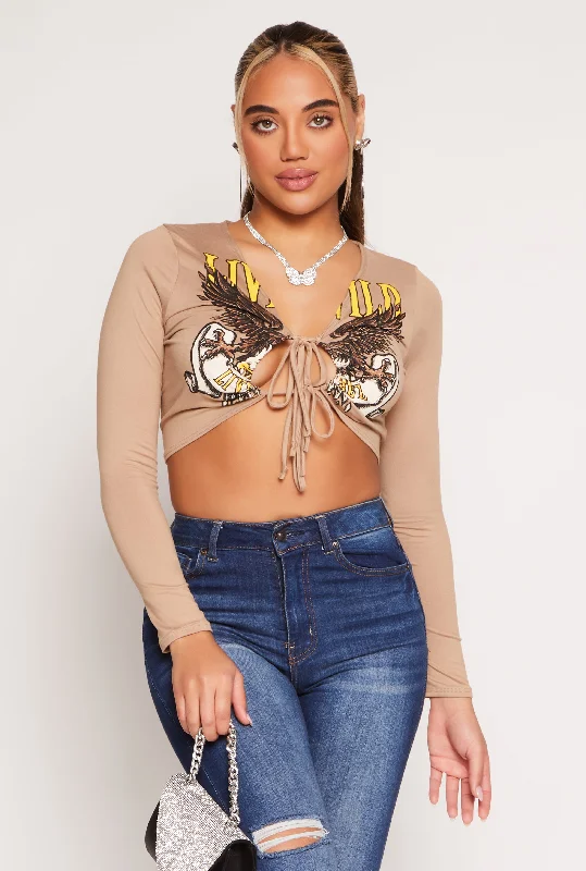 Graphic Double Tie Front Crop Top